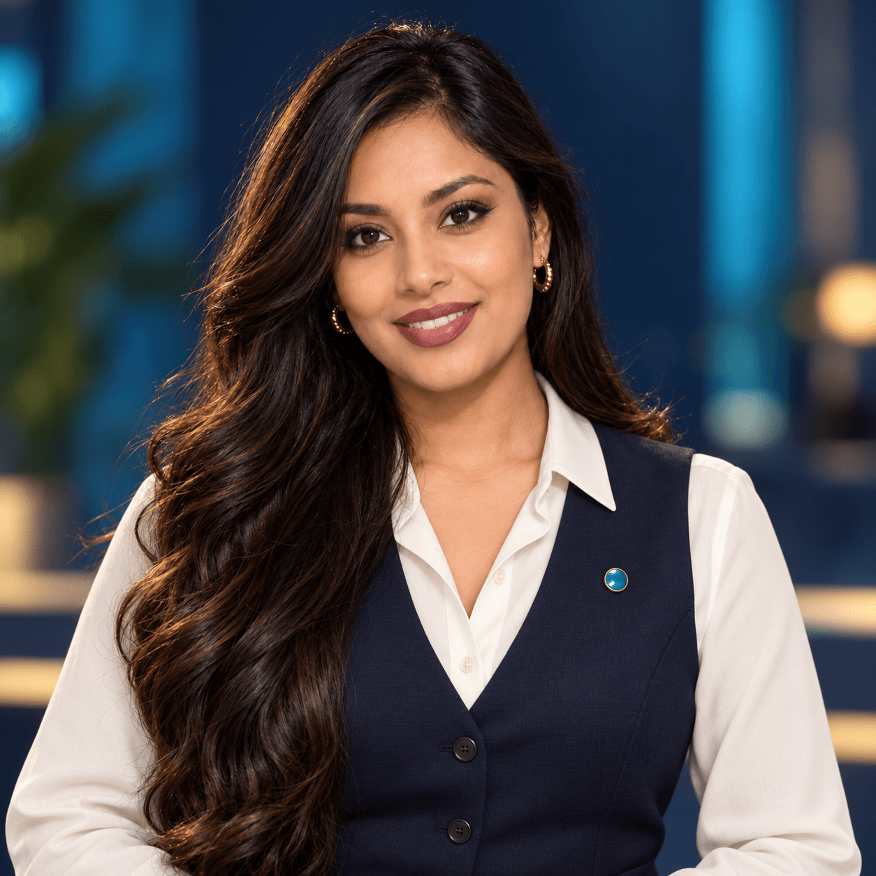 Maya in Scotland AI’s navy and ivory business outfit